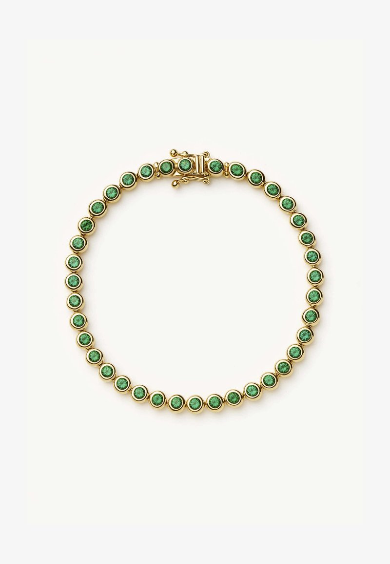 Χρυσής απόχρωσης κολιέ με στρογγυλά πράσινα πετράδια τοποθετημένα σε κυκλικές βάση, διαθέτει ασφαλές κούμπωμα για κλείσιμο. Λείος και γυαλιστερός φινίρισμα.