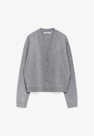 Grauer, knöpfbarer Cardigan mit langen Ärmeln, gerippten Bündchen und Saum sowie einem V-Ausschnitt.