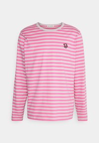 Long-sleeve shirt made of soft fabric featuring horizontal pink and grey stripes, with a small dark brown floral logo on the left chest.
