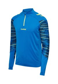 Sportieve lange mouwen shirt in felblauw met een halve rits kraag, met gestreepte donkerblauwe mouwen en groene accenten en logo.