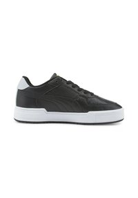 Basket basse en cuir noir avec semelle blanche, lacets noirs et languette grise au talon, vue de côté gauche sur fond blanc.