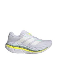 Chaussure de course blanche et gris clair avec trois bandes blanches, accents jaune néon, semelle épaisse et texte « Dreamstrike » au talon.