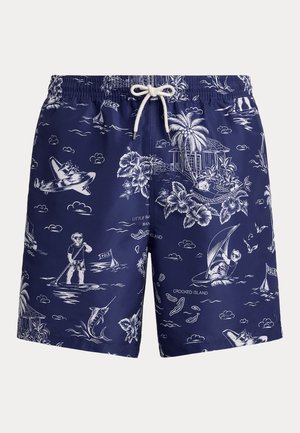 Ναυτικά σκούρα μπλε μαγιό σορτς με λευκά θέματα τροπικών νησιών, φοίνικες, αρκούδες που κάνουν paddleboarding και ιστιοπλοΐα, αεροπλάνο και λουλουδάτες σχεδιαστικές λεπτομέρειες. Μέση με κορδόνι.