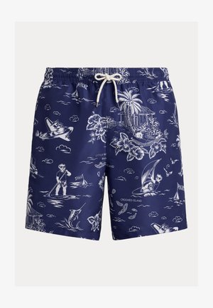 Tengerészkék fürdőnadrág fehér trópusi szigeti jelenetekkel, pálmafákkal, medvékkel, akik eveznek és vitorláznak, repülőgéppel és virágmintákkal. Zsinóros derék.
