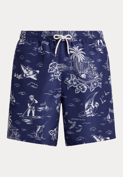 Marineblauwe zwembroek met witte tropische eilandscènes, palmbomen, beren die suppen en zeilen, een vliegtuig en bloemmotieven. Trekkoord in de taille.