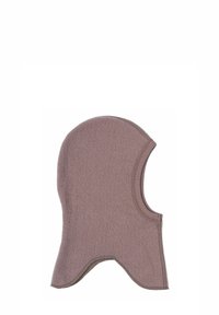 Balaclava maro din fleece cu partea superioară rotunjită și față deschisă. Prezintă o textură moale și margini finisate, concepută pentru căldură și acoperire.