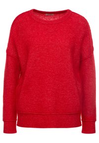 Roter Strickpullover mit rundem Hals, überschnittenen Schultern und gerippten Bündchen sowie Saum. Der Stoff hat eine weiche Textur und erscheint meliert.