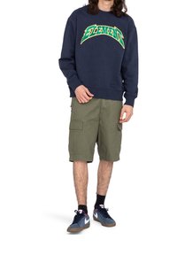 Felpa navy con la scritta "ELEMENT" in lettere verdi e gialle, abbinata a pantaloni cargo oliva e scarpe da ginnastica navy con dettagli bianchi.