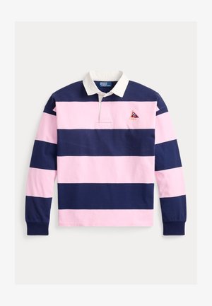 Maglia da rugby a maniche lunghe con righe orizzontali rosa e blu navy, colletto bianco e piccolo logo triangolare Polo Ralph Lauren sul petto.