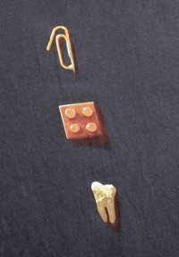 Drie iconen op een donkere stof: een gouden paperclip, een rode vierkant met gele stippen, en een gouden tand, met verschillende texturen en afwerkingen.
