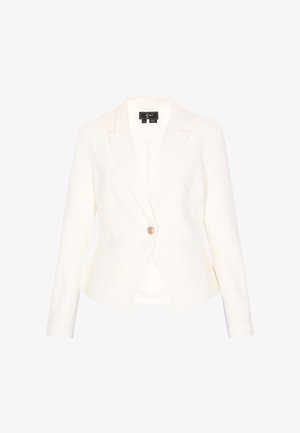 Sacou alb pentru femei, croit cu croială, cu închidere cu un singur nasture, revere cu tăietură în formă de crestătură, mâneci lungi și buzunare frontale cu clape.