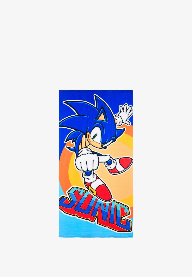 Couverture en polaire avec Sonic le Hérisson, personnage bleu sur un fond bleu vif, chaussures rouges et design circulaire orange-jaune.