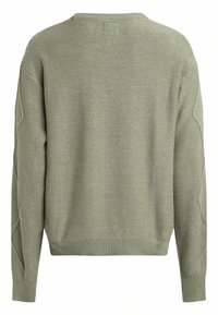 Light green knitted sweater featuring a crew neck and textured detailing along the sleeves, with ribbed cuffs and hem.