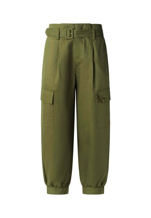 Groene cargobroek met riem, zijflapzakken, elastische boorden en geplooide voorkant op een witte achtergrond.