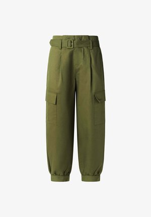 Zelené cargo kalhoty s páskem, postranními kapsami s klopou, elastickými manžetami a sklady v přední části na bílém pozadí.