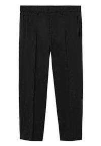 Pantalon noir formel avec passants de ceinture, plis devant et poches latérales fendues, présenté sur un fond blanc uni.