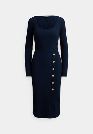 Navy ribbed long-sleeve dress with a square neckline and side buttons. Features a fitted silhouette and knee-length hem.