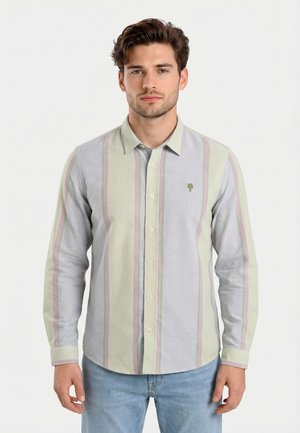 Joven de pie mirando hacia adelante, vistiendo una camisa de manga larga con botones y rayas verticales en tonos pastel, y unos vaqueros azul claro.