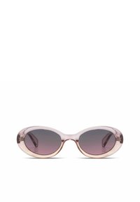 Lunettes de soleil transparentes roses avec des verres ovales, dégradé s'obscurcissant à partir du centre. Comprend des accents métalliques aux charnières. Monture en plastique lisse.