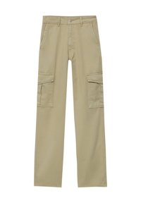Pantalon cargo beige à jambes droites avec poches avant, poches latérales à rabat, passants pour ceinture et fermeture à bouton métallique.