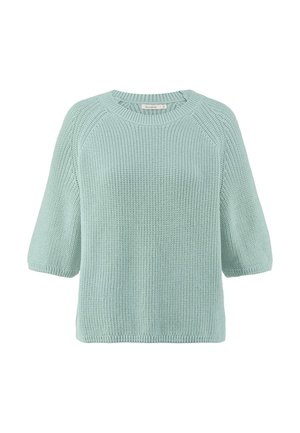 Suéter de punto en verde menta claro con cuello redondo y mangas cortas y amplias. Patrón texturizado en toda la prenda; detalle de ribete en el dobladillo.
