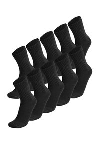 Zehn Paar schwarze Socken aus geripptem Stoff, mit einem Design in Crew-Länge, das oben eng anliegend und elastisch ist, sowie einer glatten Zehenpartie.