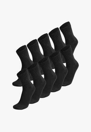 Zehn Paar schwarze Socken aus geripptem Stoff, mit einem Design in Crew-Länge, das oben eng anliegend und elastisch ist, sowie einer glatten Zehenpartie.