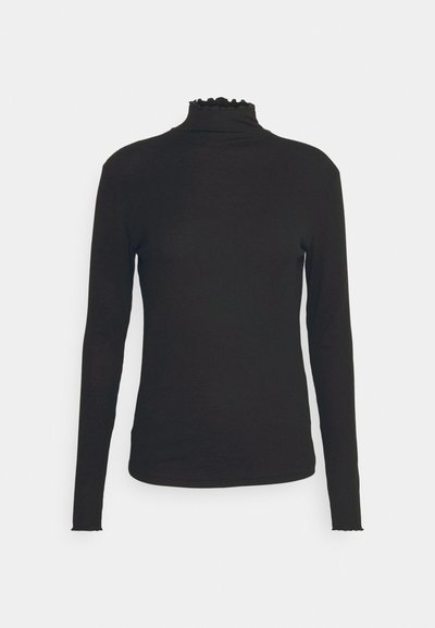 Black long-sleeve turtleneck top made of soft fabric, featuring a scalloped neckline and slim fit design. Smooth texture, no patterns.
