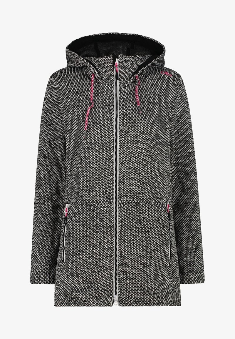 Veste en tricot noire et blanche à capuche avec fermeture éclair frontale, cordons roses et poches latérales zippées.