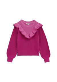 Magenta sweater with ribbed texture, features a ruffled neckline and puff sleeves, finished with a fitted hem and a small logo accent.