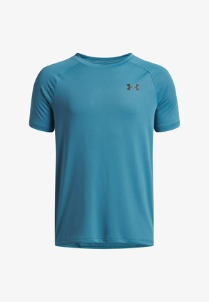 T-shirt sportif turquoise à manches courtes, fabriqué en matériau léger et lisse. Il présente un col rond et un petit logo noir sur la poitrine.