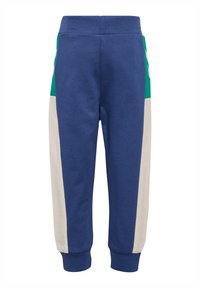 Blauwe katoenen joggers met een elastische tailleband, voorzien van groene en crèmekleurige zijpanelen en ribbels aan de manchetten voor een aansluitende pasvorm.