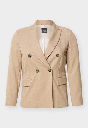 Beige doppelt geknöpfter Blazer mit Kerb-revers, vier dunklen Knöpfen, zwei Klappentaschen und einem glatten, hellfarbigen Innenfutter.