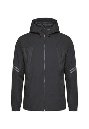 Schwarze Kapuzenjacke mit Frontreißverschluss, verstellbaren Kapuzenkordeln, zweifarbigen Stoffeinsätzen und reflektierenden Streifen an beiden Ärmeln.