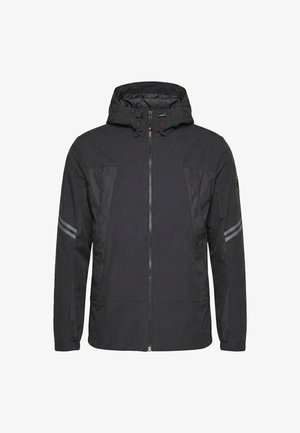 Veste noire à capuche avec fermeture éclair frontale, cordons de capuche ajustables, panneaux de tissu bicolores et bandes réfléchissantes sur les deux manches.