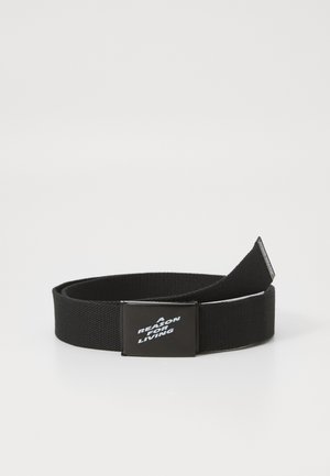 Black fabric belt with a rectangular metal buckle featuring the text "A REASON FOR LIVING" in white. Smooth texture and adjustable length.