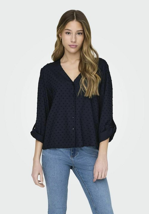 Helma Short Sleeve Blouse with Elasticated High Neck By Saint Tropez - Ecru, Navy Blue