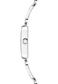 Silberne Metallarmbanduhr mit rechteckigem Gehäuse, glatter Oberfläche und runder Krone. Das Armband hat ein poliertes Gliederdesign.
