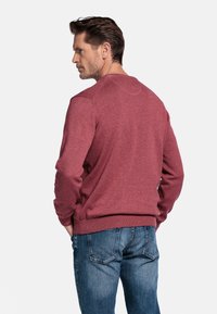 Rood gemêleerd pullover sweatshirt met een ronde halslijn en geribde manchetten. Gecombineerd met blauwe denim jeans voelt de stof zacht en textuurrijk aan.