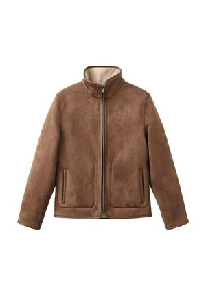 Braune Wildlederjacke mit hohem Kragen, Frontreißverschluss und zwei vertikalen Schlitztaschen, ausgekleidet mit hellbeigem Fleece.