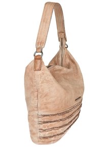 Sac à épaule en cuir beige avec une finition texturée, doté d'une fermeture éclair, d'accents cousus et d'une large bandoulière.