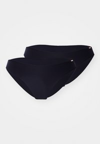 Schwarze Bikini-Höschen, 2er-Pack, aus glattem Stoff gefertigt. Verfügt über ein niedrig geschnittenes Design, einen breiten elastischen Bund und minimale Nähte.