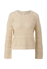 Pull crème en maille avec une tissure lâche, présentant un col rond et des poignets côtelés, mettant en avant des détails de motifs horizontaux et verticaux.