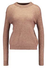 Brązowy sweter wykonany z miękkiego materiału, z okrągłym dekoltem, długimi rękawami i ściągaczem na dole. Teksturowane wykończenie dodaje subtelnego wizualnego zainteresowania.