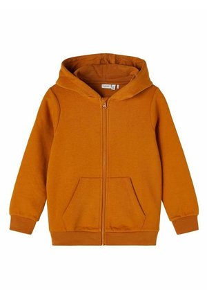 Oranje zip-up hoodie met een capuchon, kangoeroe zakken en ribgebreide manchetten. Gemaakt van zachte stof, met een gladde textuur en een strakke uitstraling.