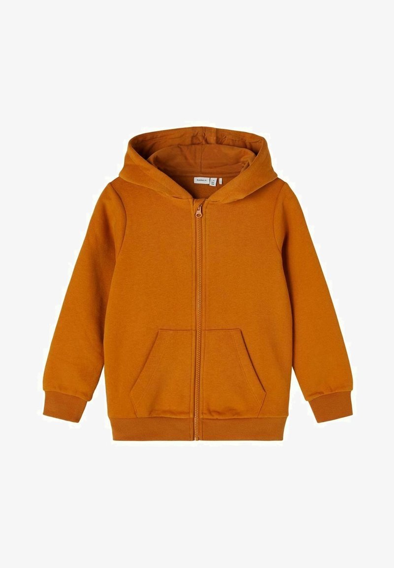 Sweat à capuche orange zippé avec capuche, poches kangourou et poignets côtelés. Fabriqué en tissu doux, avec une texture lisse et un design épuré.