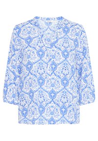 Blusa con motivo floreale blu e bianco, con maniche a tre quarti, scollatura a V e tessuto leggero. Presenta dettagli di design intricati.