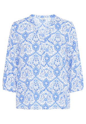 Blauw-witte blouse met bloemenpatroon, driekwart mouwen, een V-hals en een lichte stof. Bevat verfijnde ontwerpdetails.