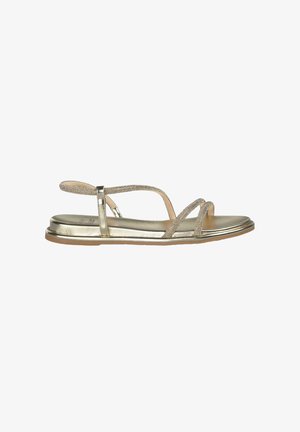 Metallic gold flat sandal with slender straps, a textured upper, open toe design, and a minimalistic sole for easy wear.