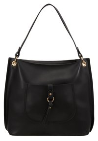 Czarna skórzana torba na ramię z przednią kieszenią wyposażoną w skórzany pasek i złote pierścienie, z pojedynczym regulowanym paskiem na ramię.